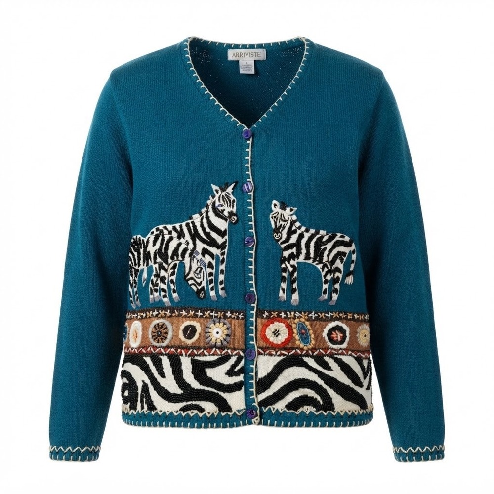 VTG Arriviste Womens Teal Zebra Embroidered Beaded V-Neck Cardigan Sweater XL